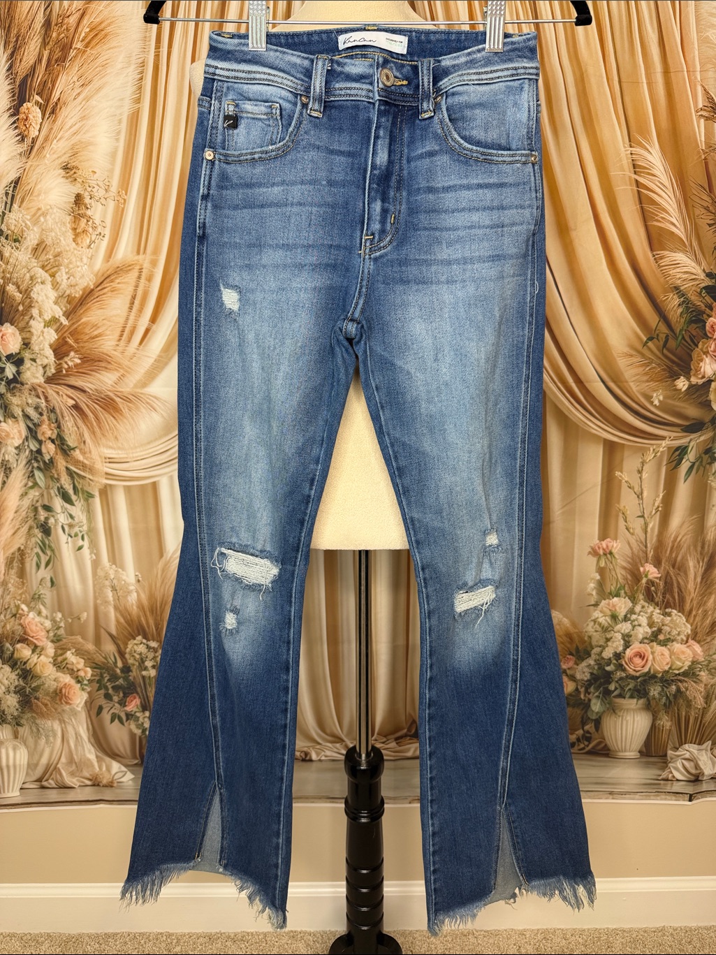 Kancan Washed Blue Distressed Split-Hem Flare Jeans